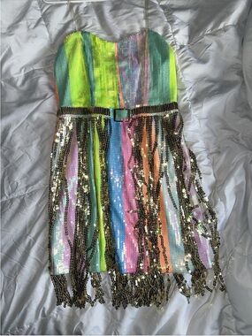 Sequin Fringe Strapless Multicolor Dress
